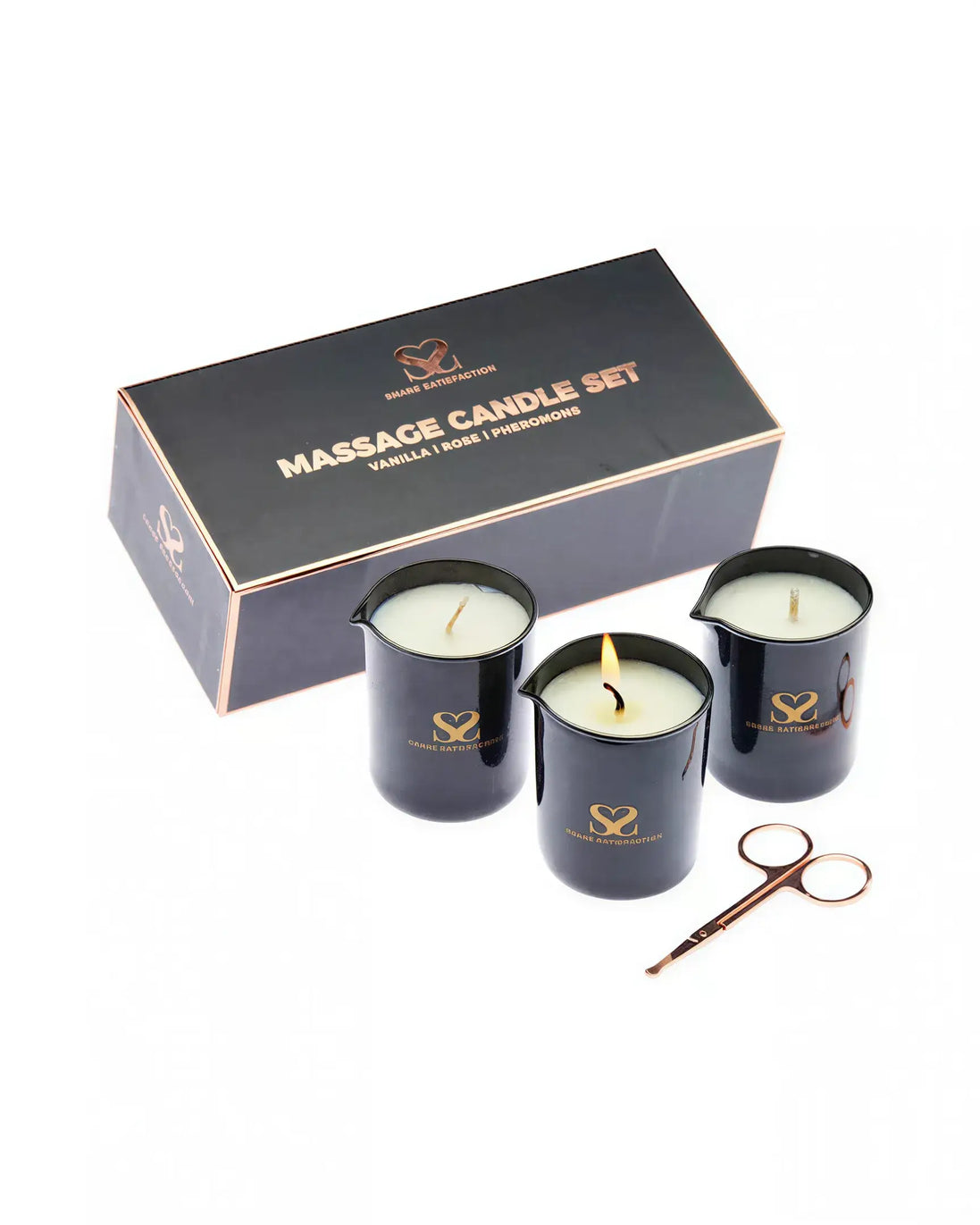 Share Satisfaction massage candle set with three black candles, a gold logo, and a pair of scissors in a gift box.