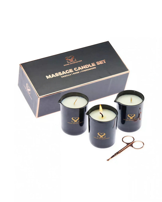 Share Satisfaction massage candle set with three black candles, a gold logo, and a pair of scissors in a gift box.