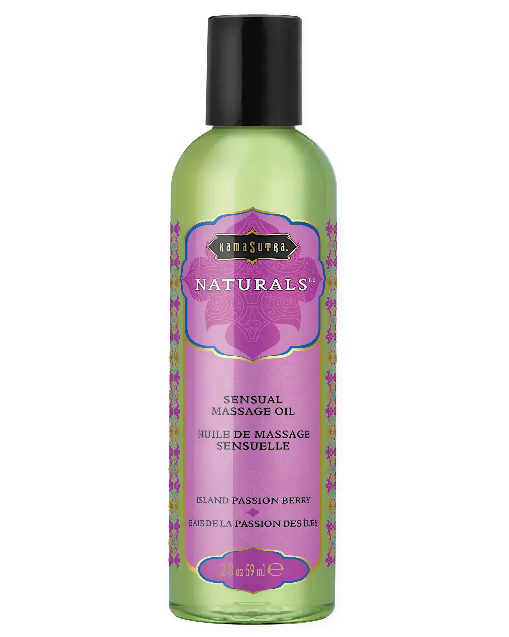 Kama Sutra Naturals Island Passion Berry massage oil in a 59ml green bottle with purple label and floral design.