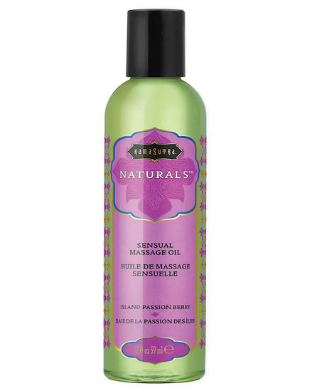 Kama Sutra Naturals Island Passion Berry massage oil in a 59ml green bottle with purple label and floral design.