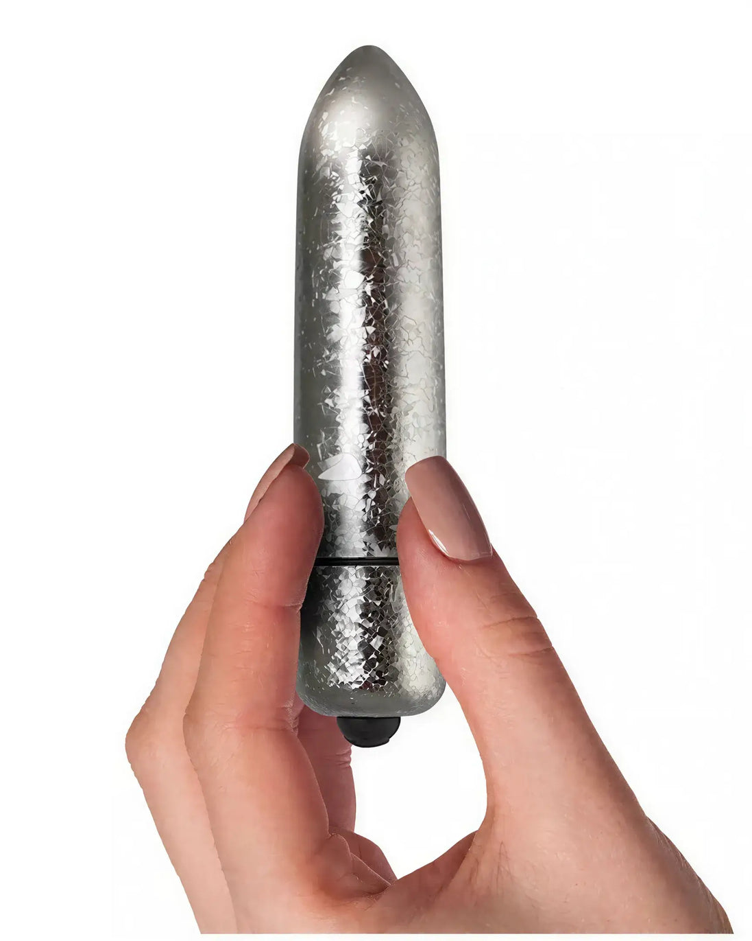 Rocks Off Frosted Fleurs bullet vibrator held in a hand, featuring a shiny silver finish and tapered design.