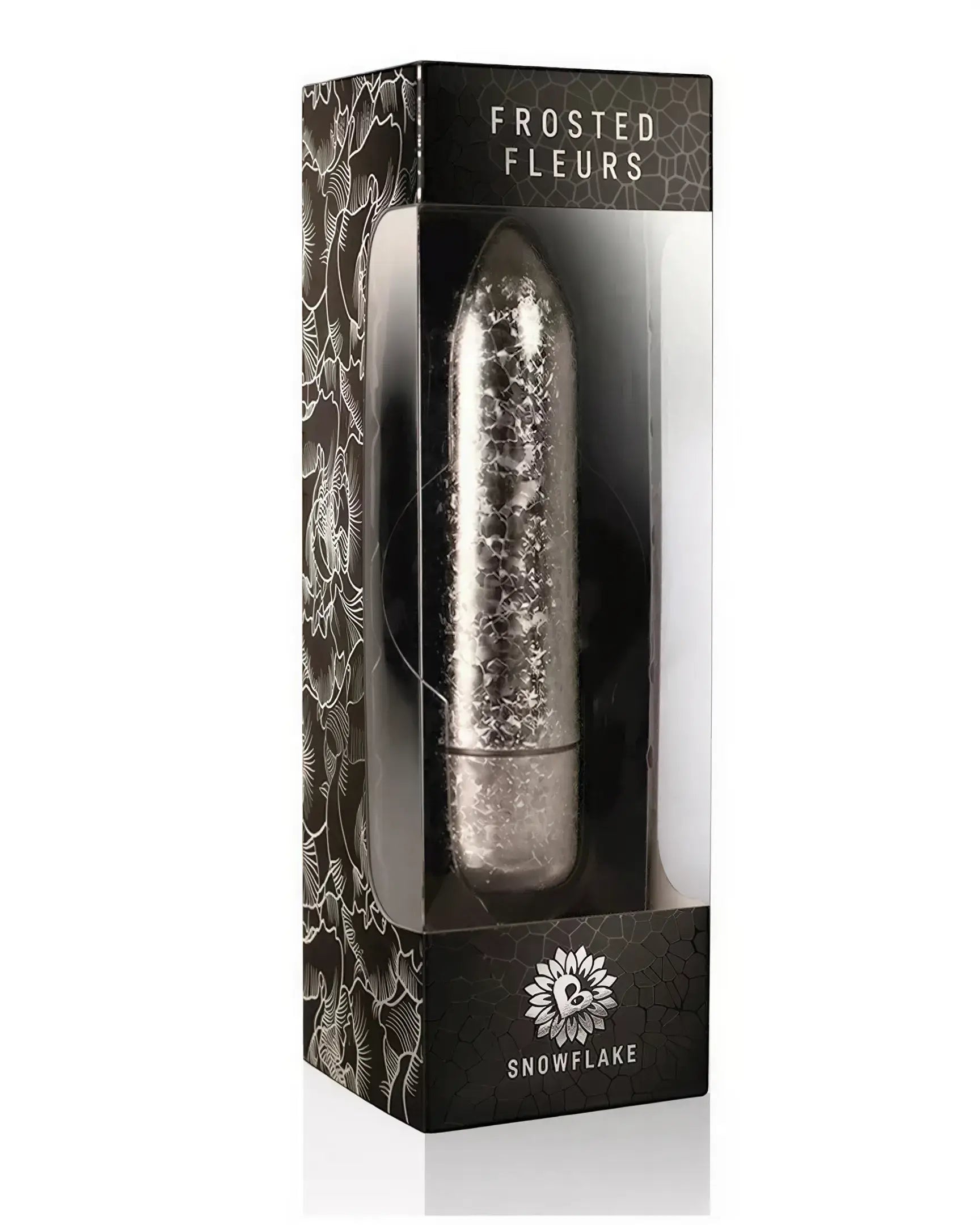 Rocks Off Frosted Fleurs bullet vibrator in a clear display box with floral design and silver accents.