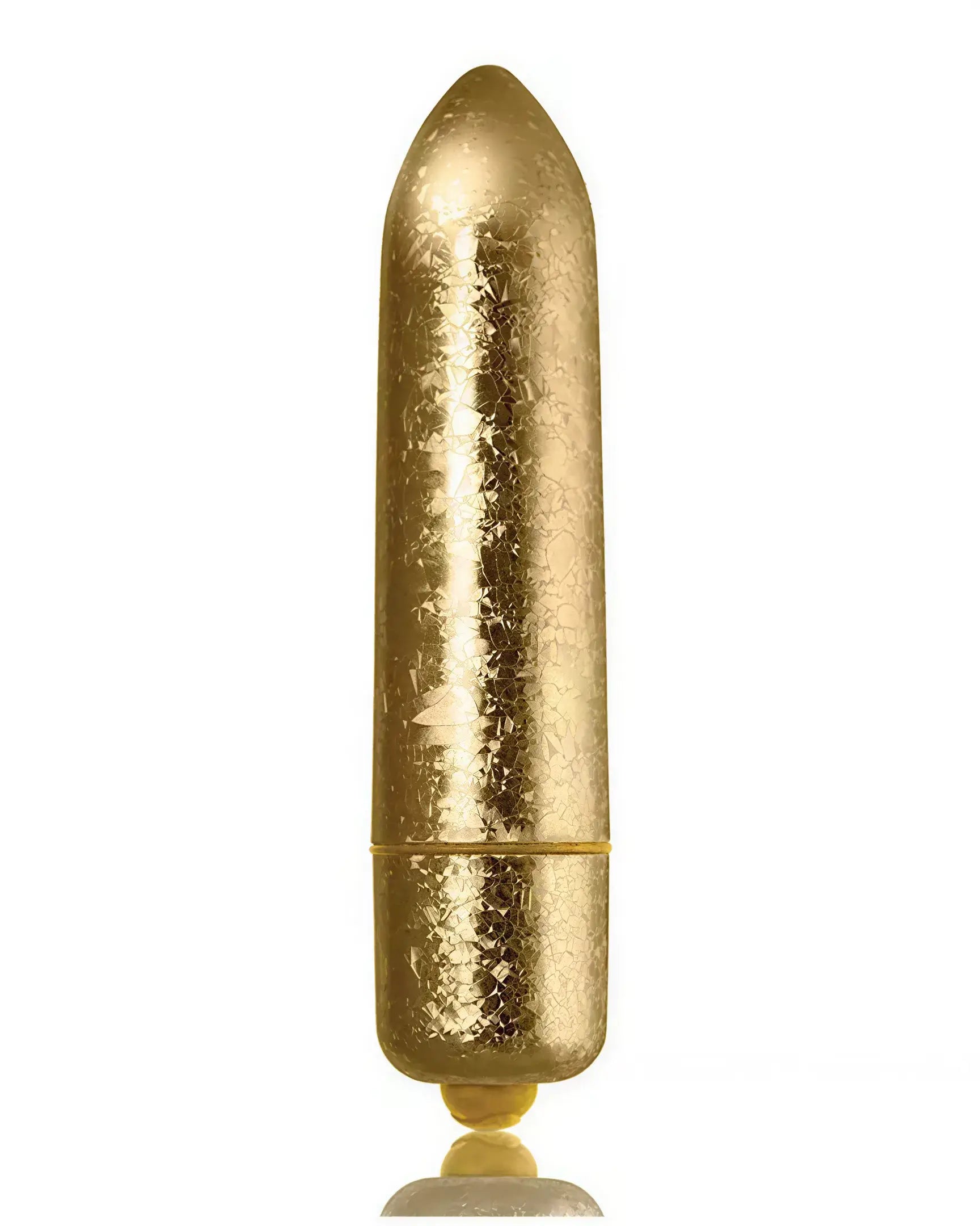Rocks Off Frosted Fleurs bullet vibrator in a shiny gold finish with a tapered tip and textured surface.
