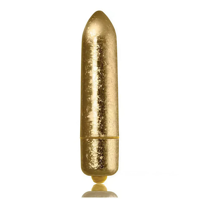 Rocks Off Frosted Fleurs bullet vibrator in a shiny gold finish with a tapered tip and textured surface.