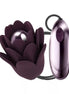 Rocks Off Zinnia vibrator in dark purple, shaped like a flower with a smooth, rounded core and control button.