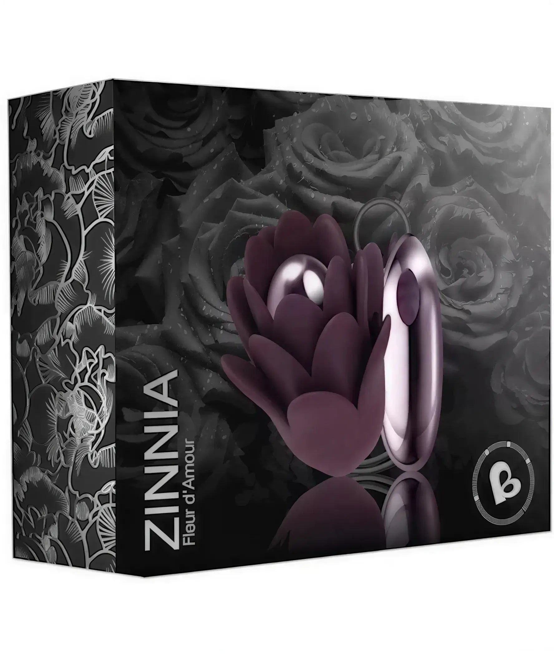 Rocks Off Zinnia vibrator in a black box featuring floral design and product details on the front.