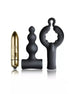Rocks Off Silhouette Dark Desires Be Mine Kit featuring a gold bullet vibrator, black silicone anal plug, and a textured r...