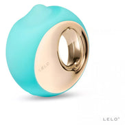 Lelo Ora 3 vibrator in teal and cream, featuring a circular design with a gold accent.