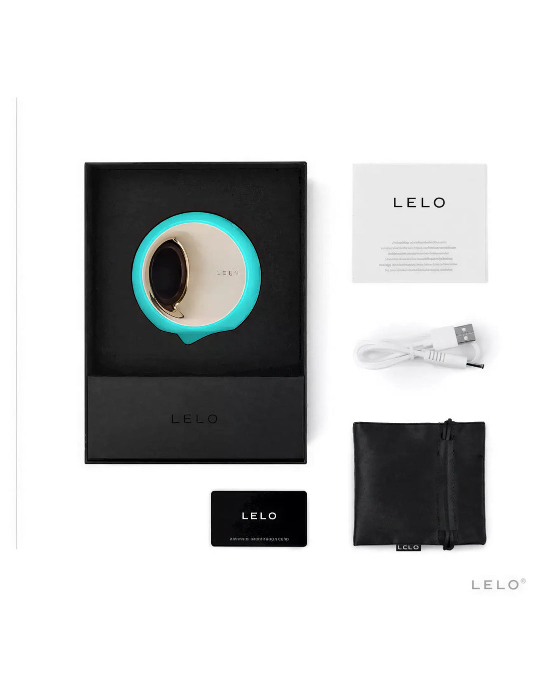 Lelo Ora 3 vibrator in a black box with turquoise accents, USB charging cable, and user guide.