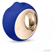Lelo Ora 3 vibrator in blue and cream, featuring a circular design with a gold accent and smooth surface.