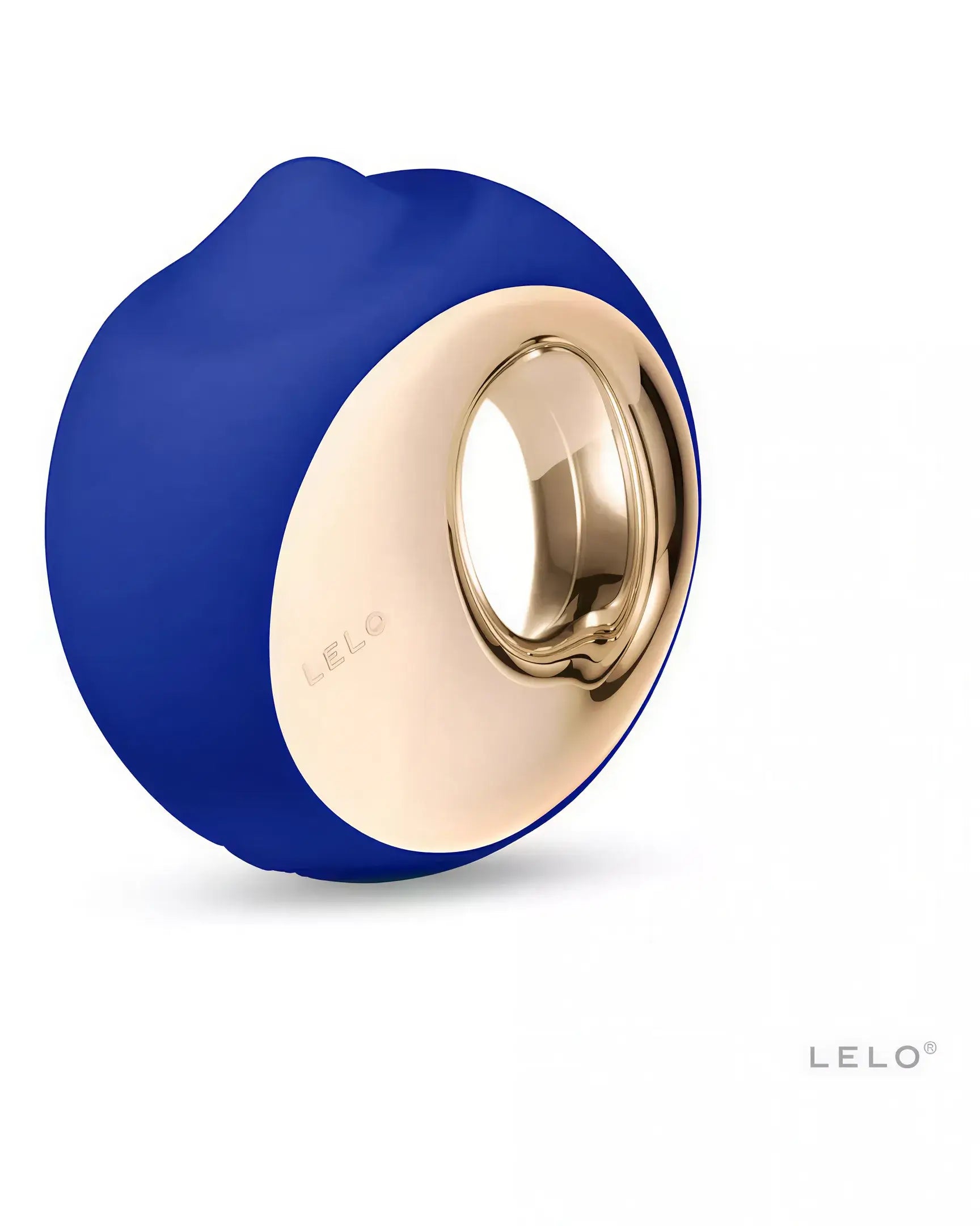 Lelo Ora 3 vibrator in blue and cream, featuring a circular design with a gold accent and smooth surface.