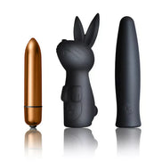 Rocks Off Silhouette Dark Desires Kit featuring a gold bullet vibrator, black bunny-shaped vibrator, and sleek black massa...