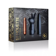 Rocks Off Silhouette Dark Desires Kit featuring a sleek black box with gold accents and three distinct toys inside.