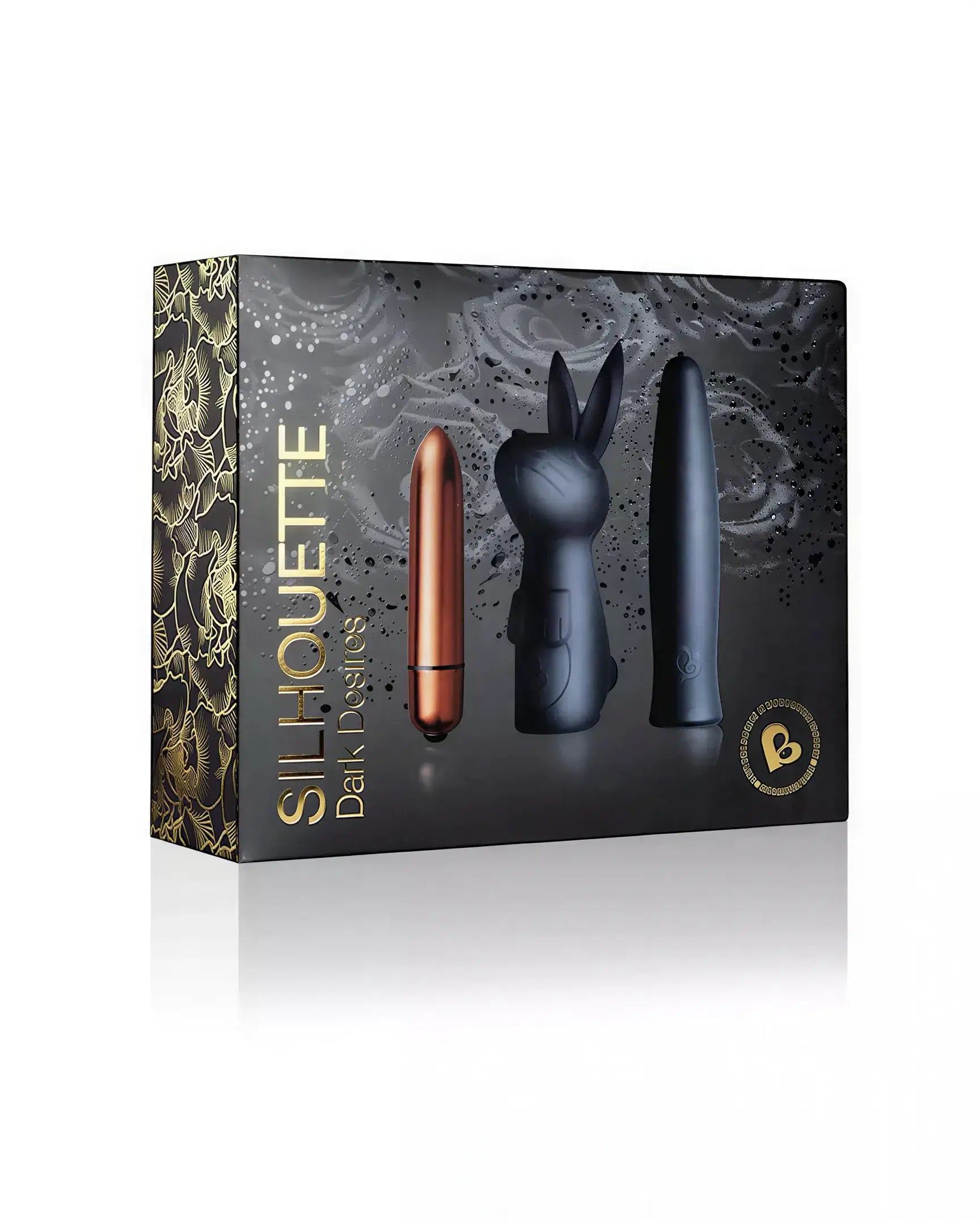 Rocks Off Silhouette Dark Desires Kit featuring a sleek black box with gold accents and three distinct toys inside.