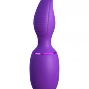 Purple silicone vibrator with a curved design and textured tip, featuring a metallic band around the center.
