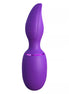 Purple silicone vibrator with a curved design and textured tip, featuring a metallic band around the center.
