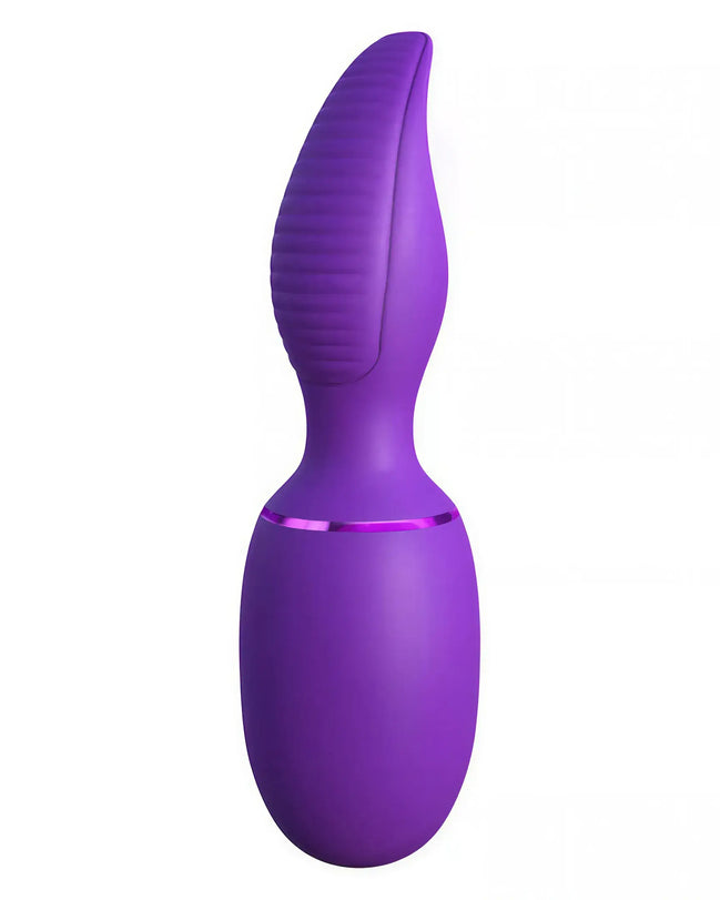 Purple silicone vibrator with a curved design and textured tip, featuring a metallic band around the center.
