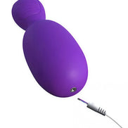Purple tongue-shaped massager with a charging cable attached, featuring a smooth, rounded design.