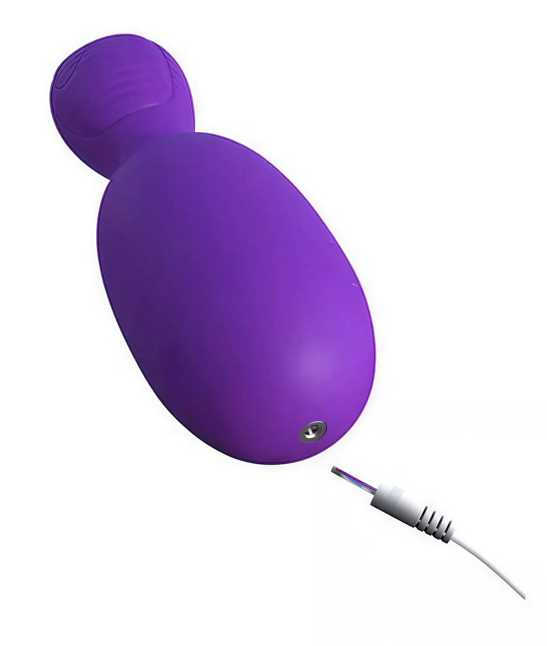 Purple tongue-shaped massager with a charging cable attached, featuring a smooth, rounded design.