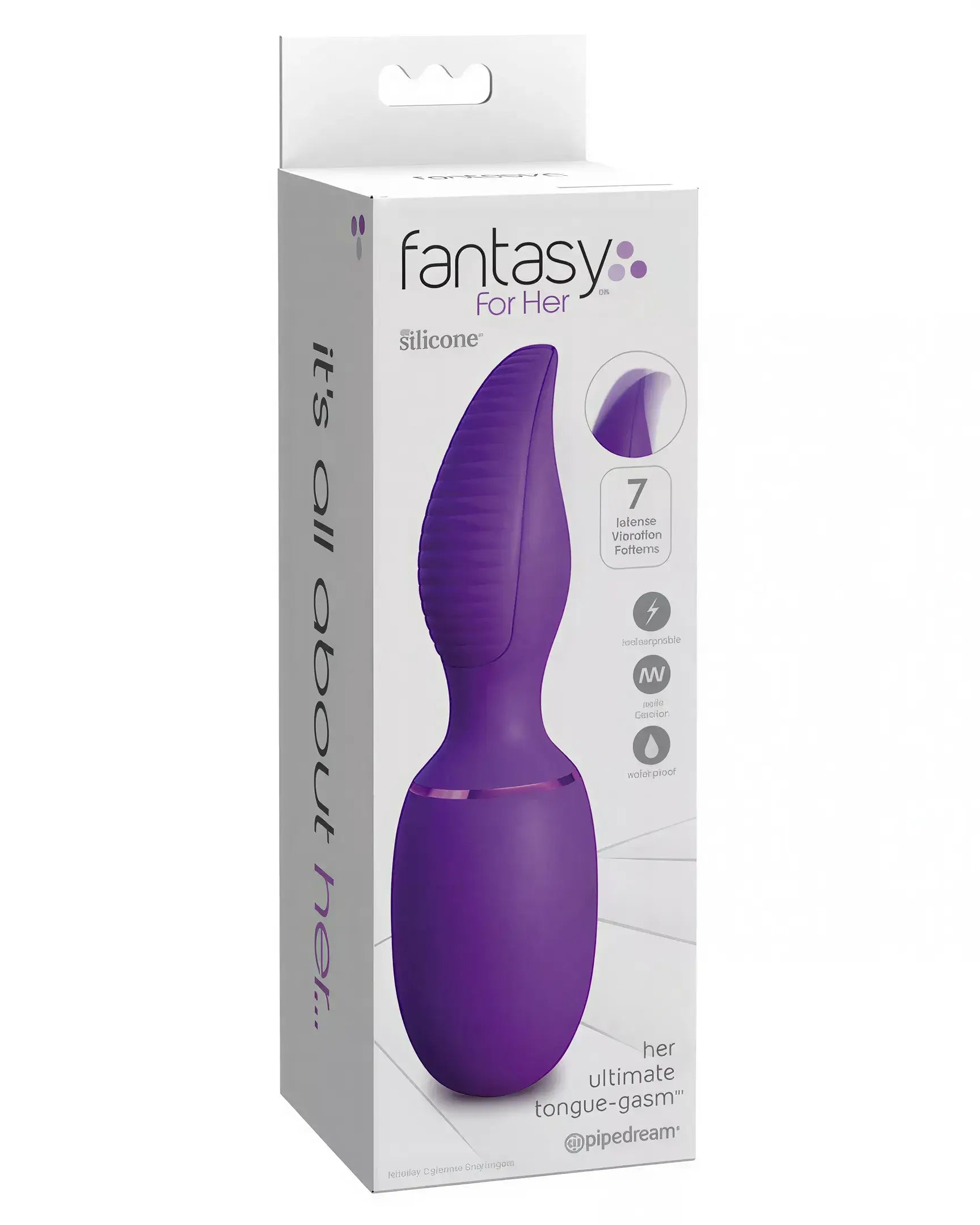 Purple silicone vibrator in a white and purple box, featuring a curved design and seven vibration settings.