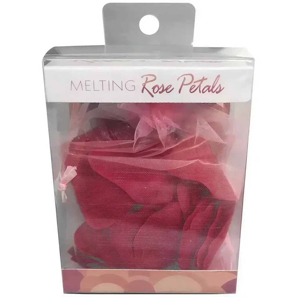 Brandless melting bath rose petals in a clear packaging with a pink label and decorative box design.