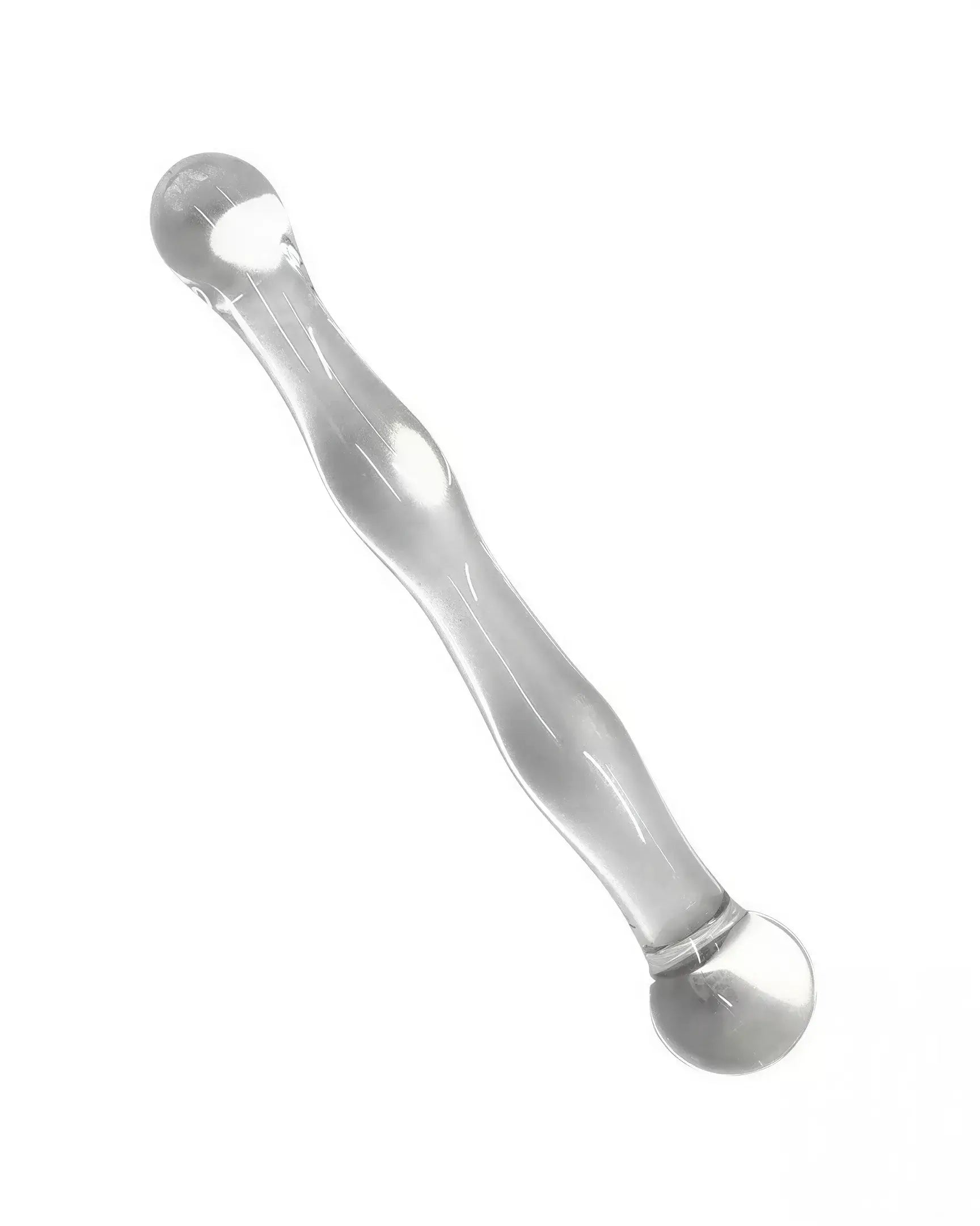 Lucent bagged clear glass massager with a smooth, elongated design and rounded ends for targeted relief.