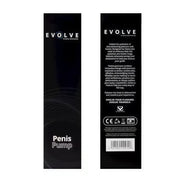 Share Satisfaction Evolve Apex penis pump packaging, featuring a sleek black design with white text and product details.