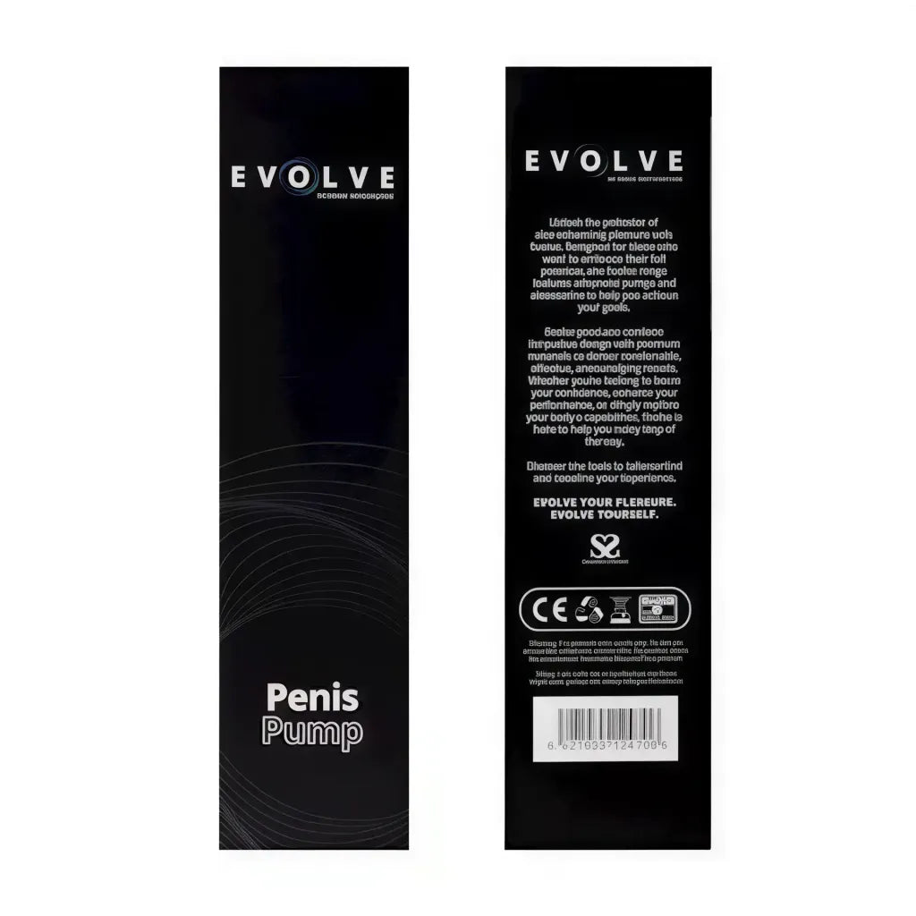 Share Satisfaction Evolve Apex penis pump packaging, featuring a sleek black design with white text and product details.