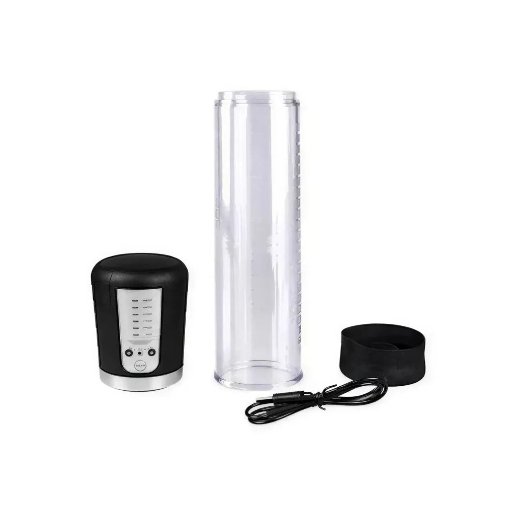 Share Satisfaction Evolve Apex penis pump with a clear cylinder, black base, control panel, and power cord.