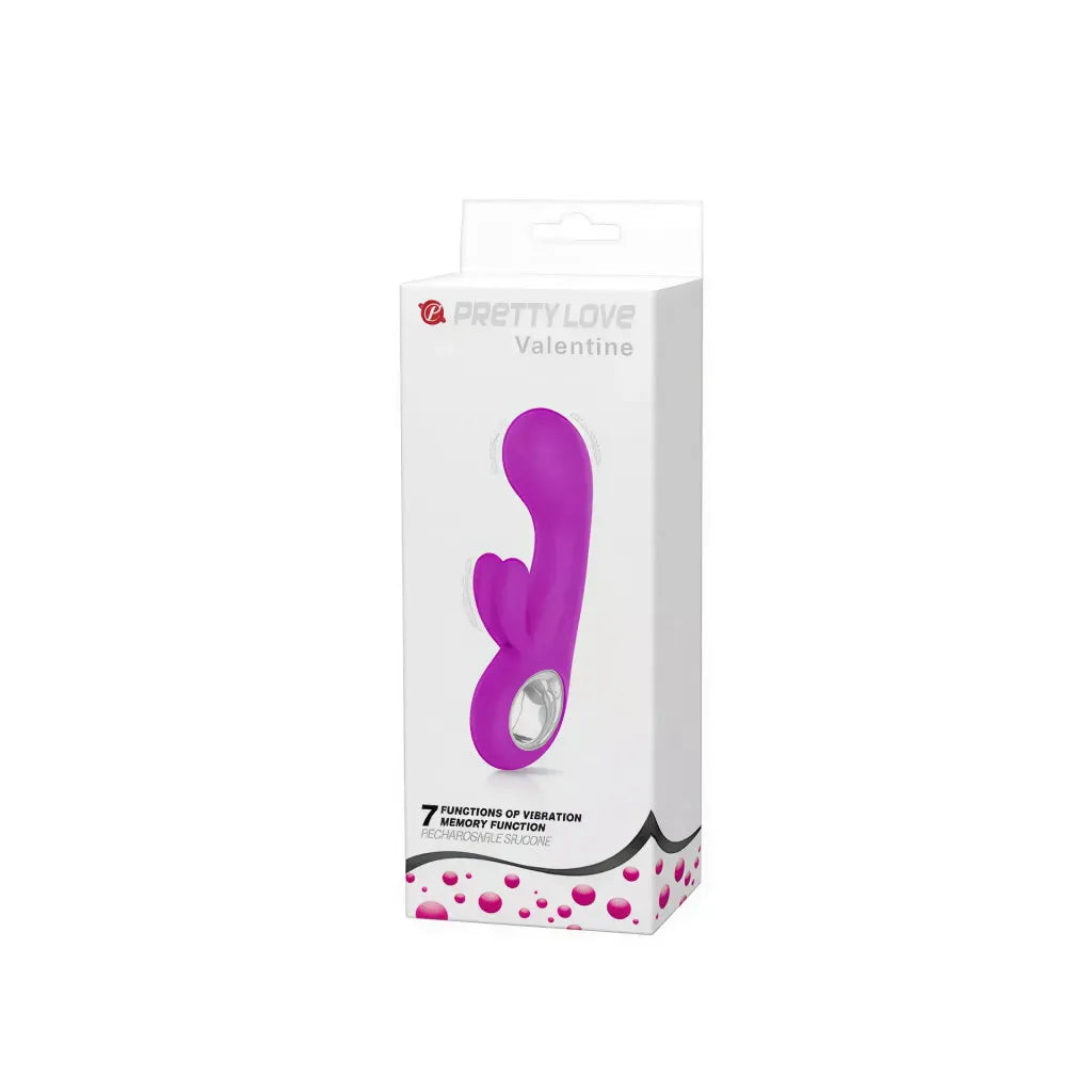 Valentine dual ear rabbit vibe in a purple color, displayed in a box with product details and features listed.