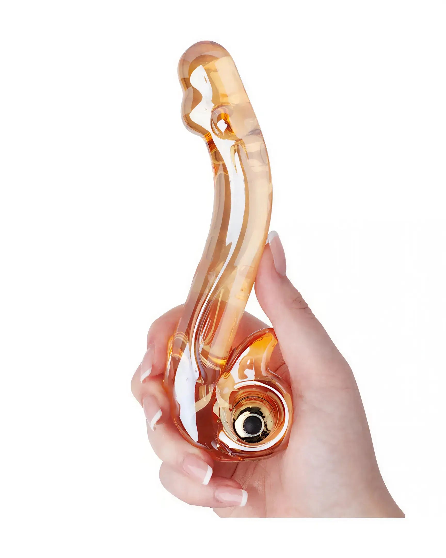 Lucent Nessa vibrating glass massager held in a hand, featuring a smooth, curved design in amber glass.