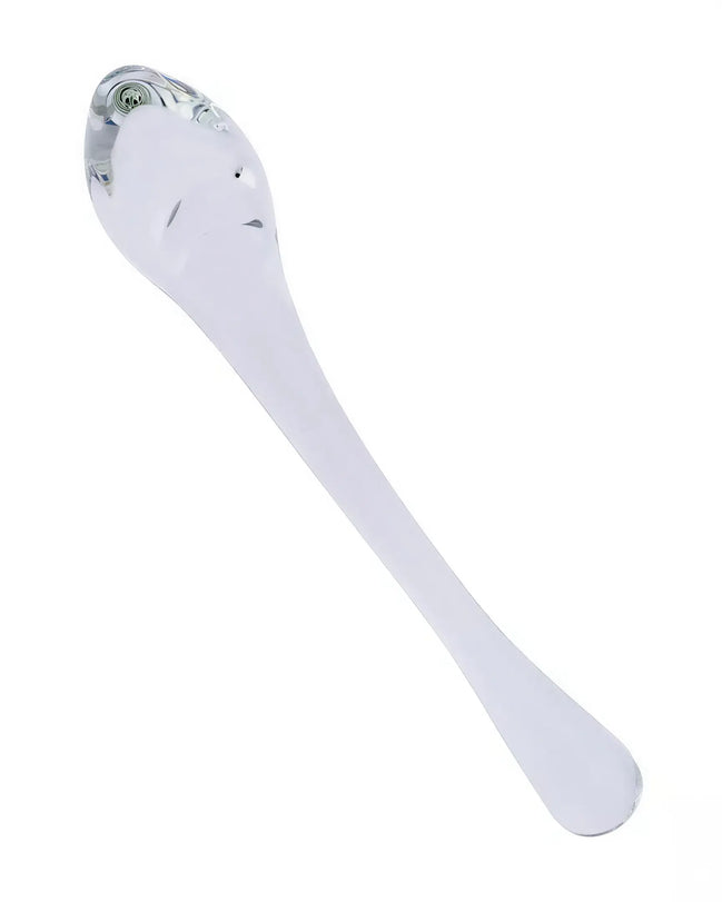 Lucent Luna curved glass massager, 7.6 inches long, featuring a smooth, transparent design with a rounded end.