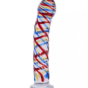 Lucent tartan glass massager with a twisted design featuring red, blue, and yellow stripes on a clear base.