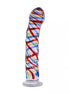Lucent tartan glass massager with a twisted design featuring red, blue, and yellow stripes on a clear base.