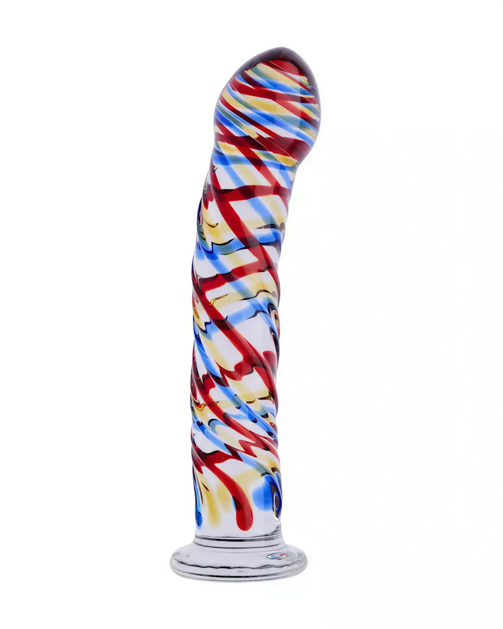 Lucent tartan glass massager with a twisted design featuring red, blue, and yellow stripes on a clear base.