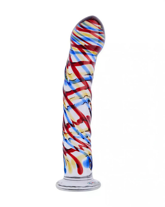 Lucent tartan glass massager with a twisted design featuring red, blue, and yellow stripes on a clear base.