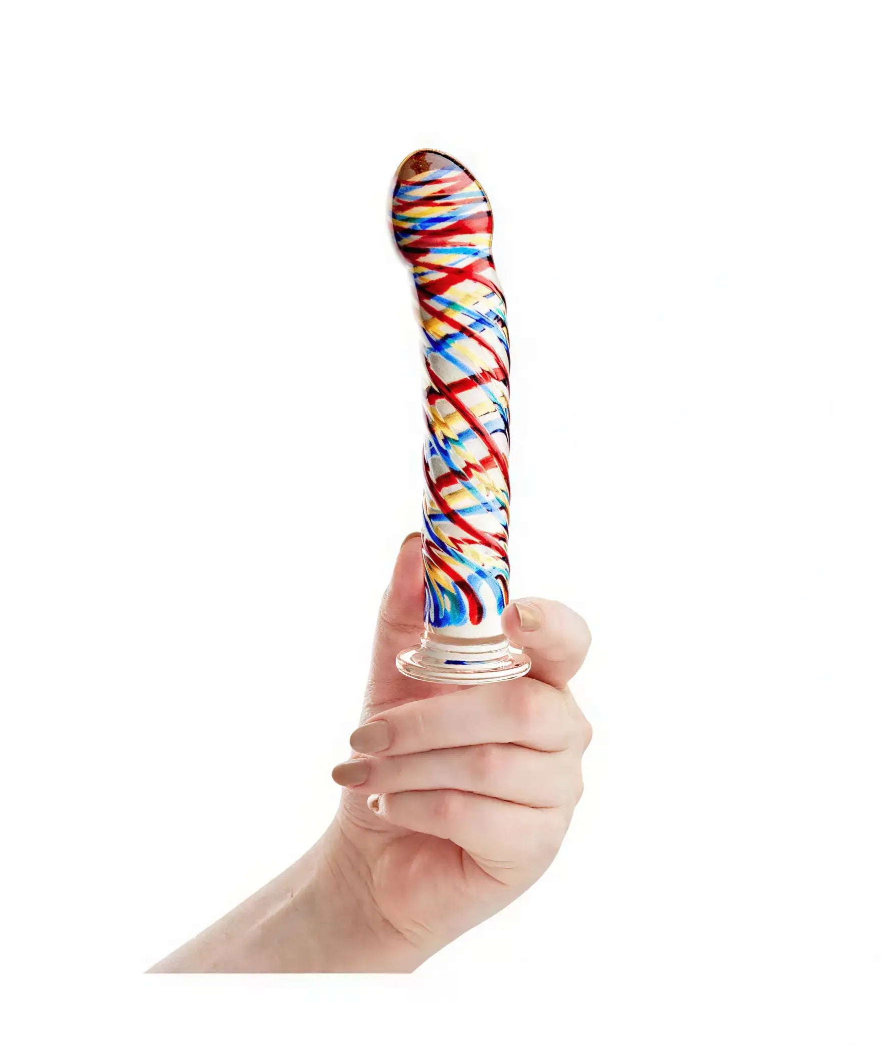 Lucent tartan glass massager held in a hand, featuring colorful swirls of red, blue, and yellow on a clear base.