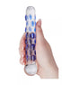 Lucent teardrop glass massager held in a hand, featuring a clear body with blue accents and textured surface.