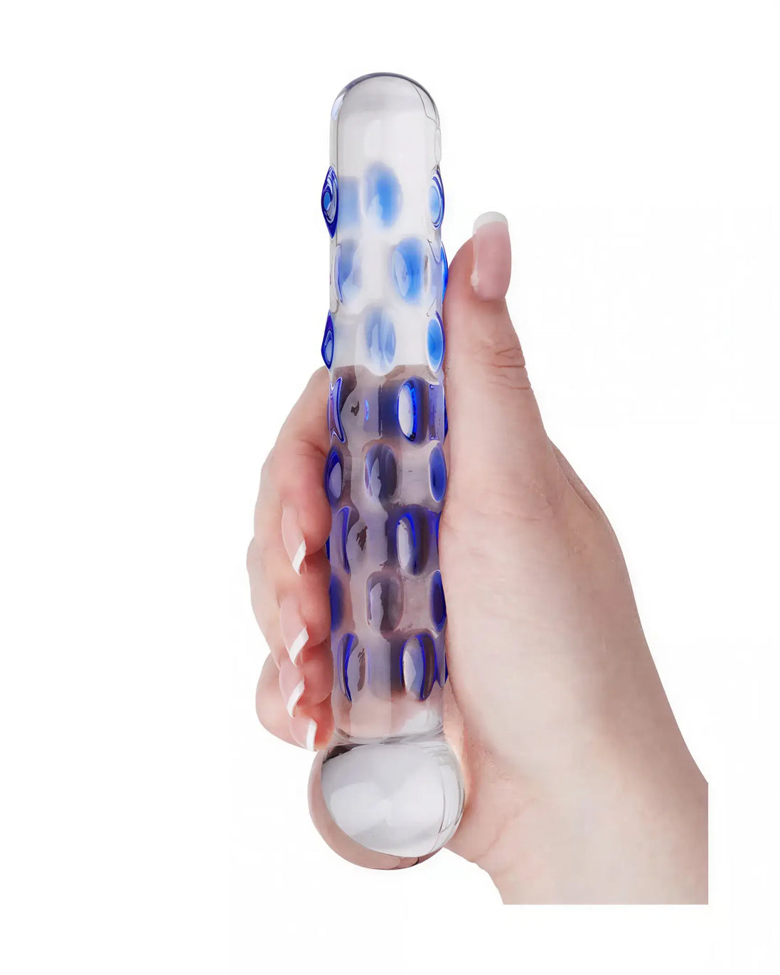 Lucent teardrop glass massager held in a hand, featuring a clear body with blue accents and textured surface.