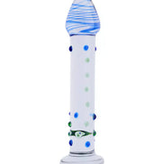 Lucent Hydra glass massager with blue swirls, green and blue dots, and a fish design at the center.