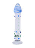 Lucent Hydra glass massager with blue swirls, green and blue dots, and a fish design at the center.