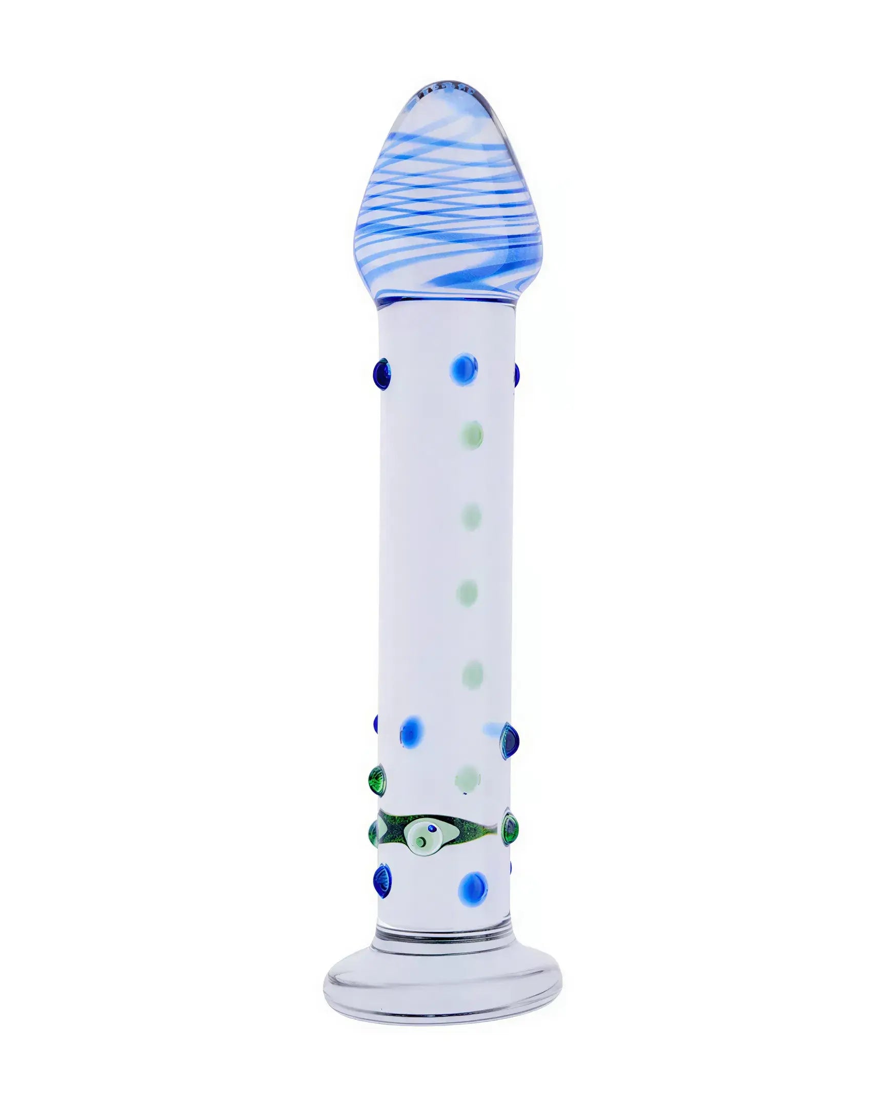 Lucent Hydra glass massager with blue swirls, green and blue dots, and a fish design at the center.