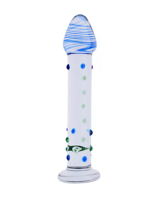 Lucent Hydra glass massager with blue swirls, green and blue dots, and a fish design at the center.