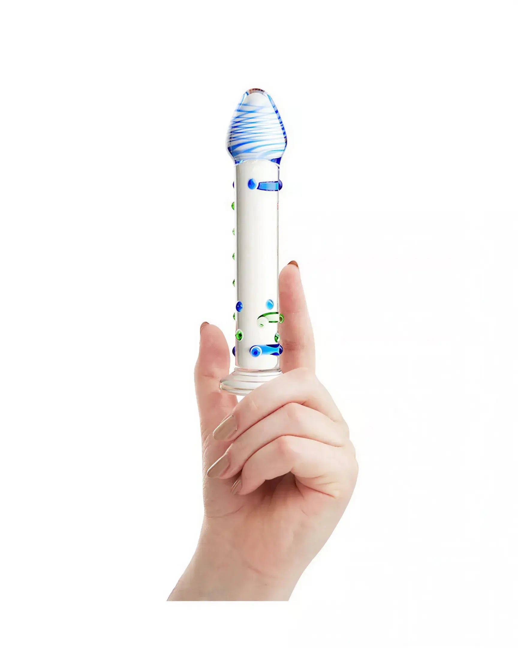 Lucent Hydra glass massager held in a hand, featuring a clear body with blue and green accents.