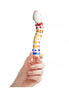 Lucent Proud glass massager with colorful stripes and a curved design, held in a hand.