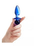 Lucent azure glass butt plug held in a hand, featuring a bulbous design and smooth surface.
