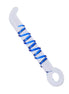 Lucent Spire glass massager with a clear body and blue spiral accents, featuring a looped end for easy handling.