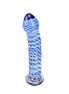 Lucent Oceana glass massager with a twisted blue and white design, featuring a rounded tip and a stable base.