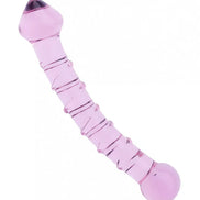 Lucent whirls glass massager in pink, featuring a smooth, curved design with textured ridges along the shaft.