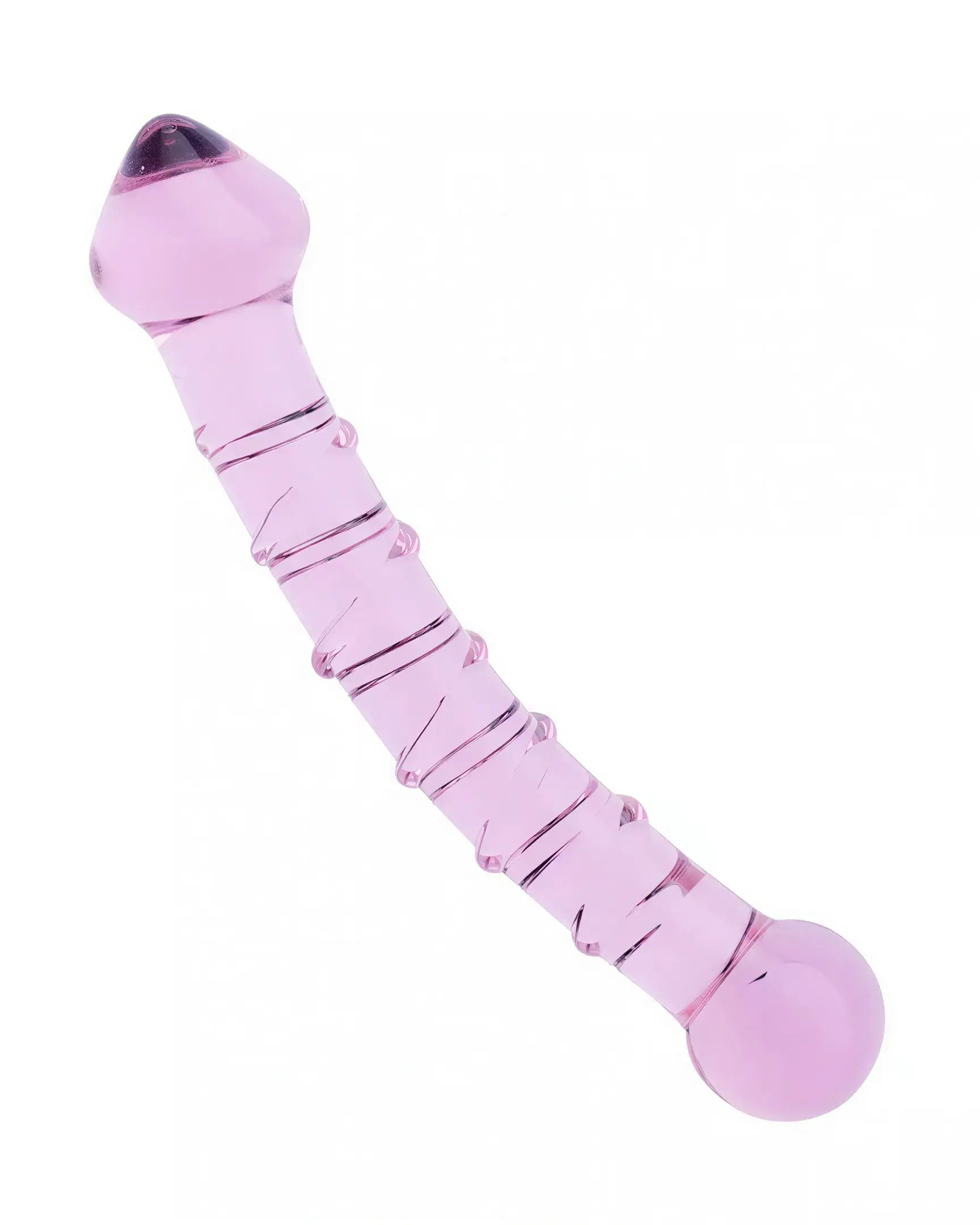 Lucent whirls glass massager in pink, featuring a smooth, curved design with textured ridges along the shaft.
